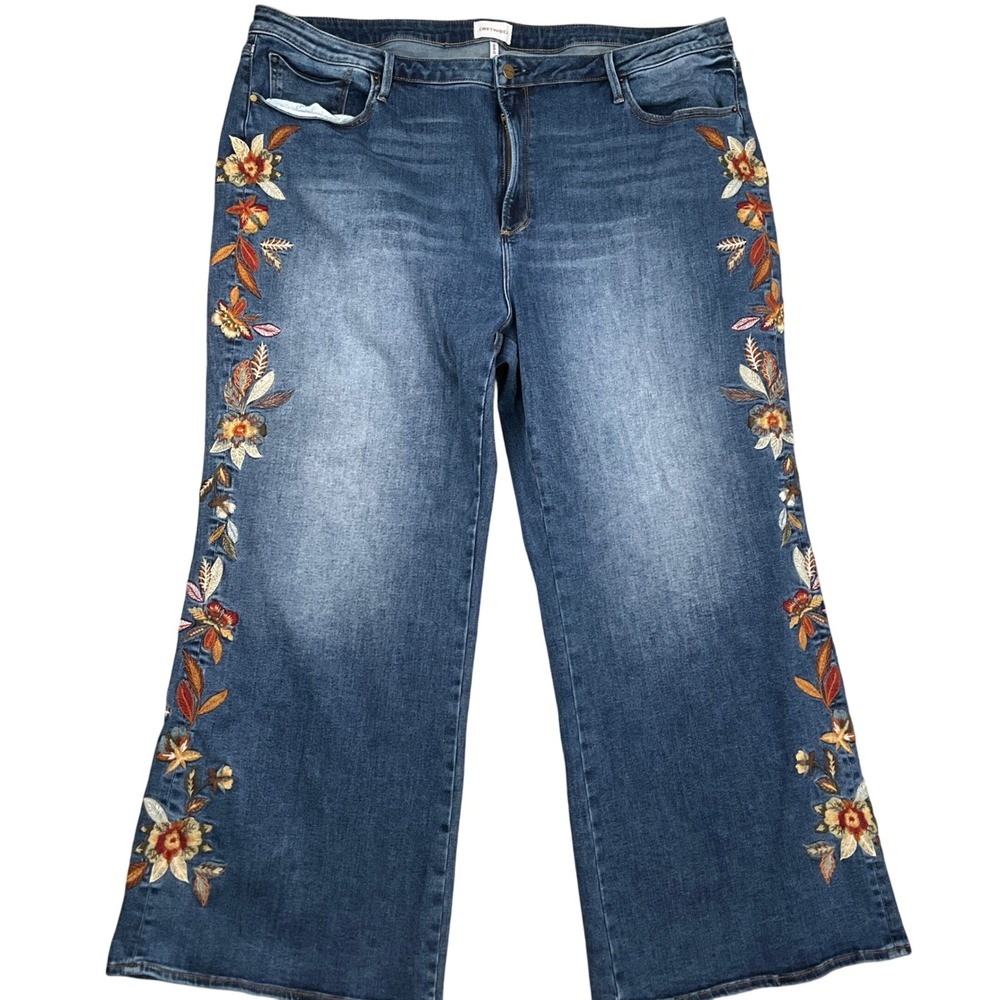 Driftwood Charlee Jeans Women 26W Blue Embroidery Wide Leg Boho Festival Denim